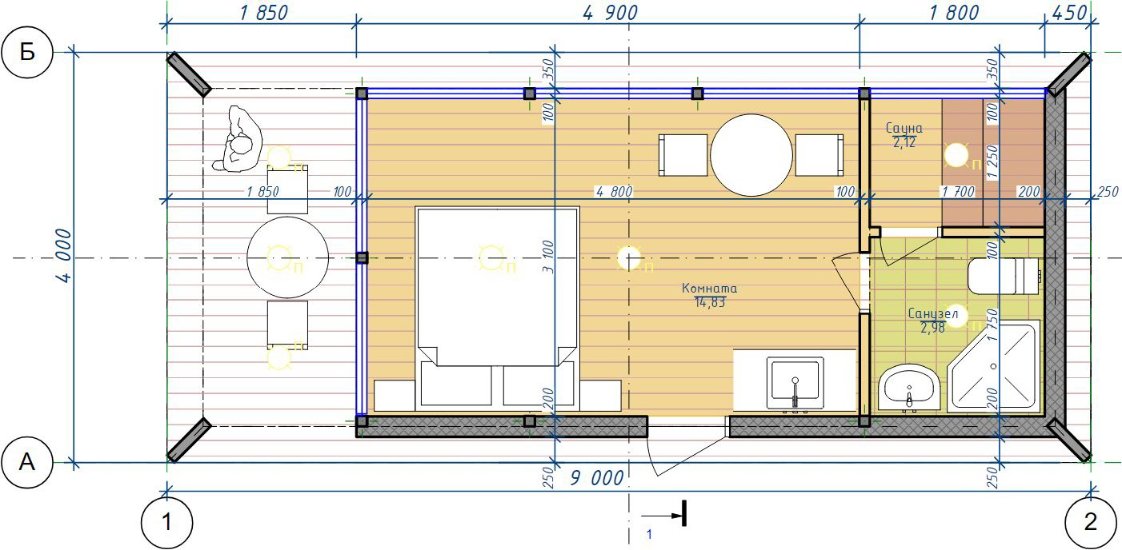 Планировка металлического каркаса 9000х4000, Unimodule Казахстан